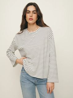 Oversized Long Sleeve Tee - Long Sleeve | Reformation Long Sleeve And Jeans, Add Sleeves, Oversized Crewneck, Oversized Long Sleeve, Dramatic Look, College Fashion, New Tops, Clothes Collection, Striped Long Sleeve