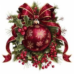 a red christmas ornament with holly and berries on it's side, hanging from a ribbon