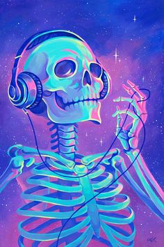 a skeleton listening to headphones and holding a microphone