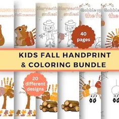 the kids fall handprint and coloring bundle is shown in several different colors, including oranges