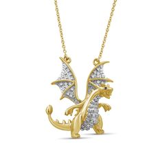 1/6 CT. T.W. Blue and White Diamond Dragon Necklace in Sterling Silver and14K Gold Plate|Zales Diamond Dragon, Diamond Dots, Dragon Necklace, Blue Diamond, Gold Plated Silver, White Diamonds, Cable Chain, Spring Rings, White Diamond