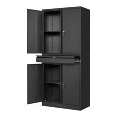 an empty black cabinet with two doors open