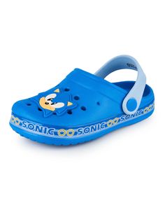 a child's blue crocs with an animal on it