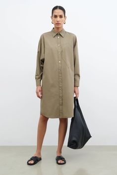 Green Cotton Button-Down Dress - Raphaela Shirtdress | Marcella Shirtdress Outfit, Summer Slides, Her Cut, Braided Sandals, Sweatshirt Fabric, Oxford Dress, The A Team, Shirtdress, Slip Ons