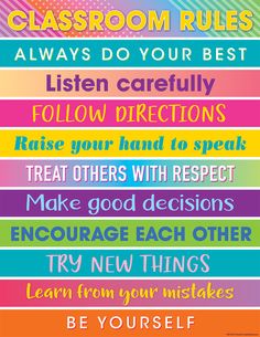 a poster with the words classroom rules in different colors and font, including an image of a