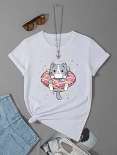 White Casual  Short Sleeve Polyester Cartoon  Embellished Slight Stretch  Women Tops, Blouses & Tee Summer Kawaii Cat Print Tops, Summer Cotton T-shirt With Cat Print, Summer Cotton T-shirt With Cat Design, White Kawaii T-shirt With Cat Print, Playful Cotton T-shirt With Cat Print, White Casual, Printed Tees, Womens Tees