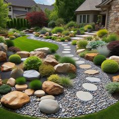 a garden with rocks and grass in the middle