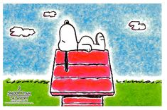 a drawing of a dog laying on top of a red roof with clouds in the background