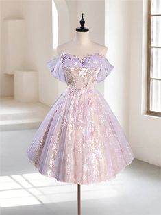 Homecoming Dresses,A-Line Off Shoulder Tulle Lace Purple Short Lilac Homecoming Dress Hoco, Lavender Dress Short Casual, Rapunzel Dama Dresses, Light Purple Dress Short Quinceanera, Damas Purple Dresses, Purple Dresses For Damas, Sparkle Purple Dress, Tangled Hoco Theme Dress, Tangled Themed Homecoming Dress