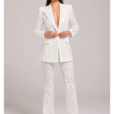 Romantic White Blazer & Matching Pants. Made From Luxurious Lace Embroidered With Sequins. Fully Lined With Soft Mesh And Satin Detailing For An Added Touch Of Elegance. Satin Button To The Front And Sleeve Cuff, Satin Trim Detailing, Pocket Detailing. Perfect For A Bride. All Tags On, In Original Boxes. White Lace Pants, Wedding Brainstorming, White Pantsuit, Nadine Merabi, Lace Suit, 2025 Wedding, Lace Blazer, White Suit, White Trousers