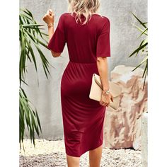 Red Knit V Neck Pleated Casual Dress Solid Color V-neck Midi Dress, Solid V-neck Plain Midi Dress, Casual Burgundy Midi Dress For Fall, Red V-neck Midi Dress, Casual Sheath Midi Dress In Solid Color, Casual Burgundy Midi Dress, Casual Red Knee-length Sweater Dress, Casual Red Midi Bodycon Dress, Casual Red Bodycon Midi Dress