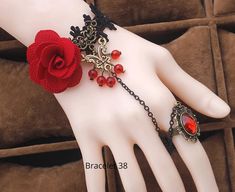 "Elegant, Beautiful Black Lace Choker, All Occasion Jeweled Piece, Rose & Jewel Accents. Perfect for the Gothic, Graduation, Prom, Evening Attire. Choose Your Style # from the Drop Down Menu For additional Styles see listings under Necklace - Type in \"Gothic\" in Search Area" Bracelet With Ring, Hand Chain Jewelry, Ladies Bangles, Black Cosplay, Black Lace Choker, Gothic Bracelet, Crystal Lace, Lace Bracelet, Vintage Charm Bracelet