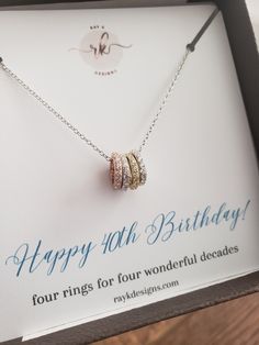 "beautiful set of 4 sparkling cubic zirconia encrusted rings in mixed metal. Each ring to represent decade. diameter of the circle 9mm  16-18\" adjustable chain" 40 Year Old Women, 40th Birthday Gift For Women, 40th Birthday Gifts For Women, Milestone Birthday Gifts, Happy 40th Birthday, Birthday Gift For Women, 60th Birthday Gifts, Women Birthday, 40th Birthday Gifts