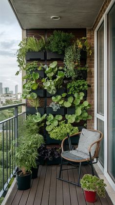 the balcony is filled with potted plants and greenery on it's wall