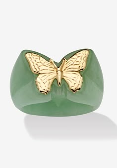 Playful, yet elegant, this charming green jade butterfly ring is designed as an unforgettable ornament for your finger. An artful fashion-forward fun edge crafted in 14k gold. Sizes 5-9. As this item contains genuine jade, the actual stone colors may vary slightly. We recommend ordering one size up for this style.Main Stone: 1 Special Cabachon Cut Genuine Green Jade, 24 mm x 17 mm14k Yellow GoldDimensions: 17 mm wide x 24 mm long x 4.5 mm highIncludes gift box and drawstring pouchImported | Wome Jade Butterfly, Gold Butterfly Ring, Green Ring, Dope Jewelry, Butterfly Ring, Jade Ring, Butterfly Jewelry, Jade Jewelry, Gold Butterfly