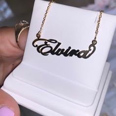 "Our most popular piece is our SOLID 14K CUSTOM NAME NECKLACE! - Made to last a lifetime with a sturdy rolo chain (16\", 18\", 20\") that still gives a minimalist look to the name. - What makes our names unique is that they are nice and thick, meaning it is not easily bendable or breakable. It is designed for daily wear and to last a lifetime! - All solid 14K, guaranteed. It will not tarnish, it will not color your skin. - A week turn around or even sooner. It is made just for you! - Available i Elegant Custom Name Chain Necklace As Gift, Elegant Custom Nameplate Chain Necklace, Elegant Custom Name Chain Necklace For Gift, Elegant Custom Name Chain Necklace Gift, Yellow Gold Custom Name Necklace For Everyday, Everyday Yellow Gold Custom Name Necklace, Elegant Personalized Yellow Gold Chain Necklace, Classic Everyday Custom Name Necklaces, Classic White Gold Necklaces With Custom Name