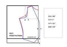 the front and back views of a sewing pattern, with measurements for each garment size