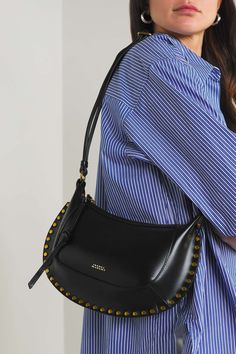 Black Oskan Moon studded leather shoulder bag | ISABEL MARANT | NET-A-PORTER Shoulder Bag Outfit, Tas Bahu, Moon Studs, Bags Aesthetic, Mode Ootd, Black Crossbody, Studded Leather