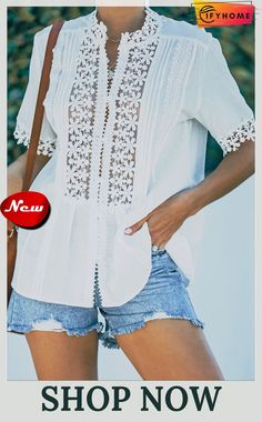 White Crochet Hollow-out Lace Splicing Short Sleeve Top Lace Splicing, White Crochet, Short Sleeve Top, Short Sleeves Tops, Sleeve Top, On Sale, Crochet, Lace, Free Shipping