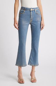 A contoured high-rise waist balances the slightly flared cut of cropped jeans crafted from FRAME's comfortable stretch denim in a coated wash. 25 1/2" inseam; 18" leg opening; 11" front rise; 14 1/2" back rise (size 29) 77% cotton, 19% modal, 3% elasterell-p, 1% elastane Dry clean Imported Hologram Colors, Jean Crafts, Cropped Jeans, Jeans Pants, Bottoms Pants, Bootcut Jeans, Blue Gold, Stretch Denim, Womens Bottoms