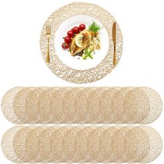 a plate with some food on top of it next to two placemats and forks