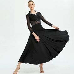 Womens Draped Long Asymmetric Sheer Sleeve Ballroom Dress with Glitter – DANCEYM Stretch Evening Dancewear Dress, Black Stretch Dress For Dance, Stretch Dresses For Night Out Dancewear, Black Stretch Dress For Ballroom, Stretch Dancewear Dress For Night Out, Long Sleeve Black Ballroom Dress, Black Long Sleeve Ballroom Dress, Elegant Fitted Gown For Dance, Elegant Long Sleeve Dance Dresses