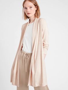 Luxespun Open Cardigan | Banana Republic Versatile Soft Knit Cardigan For Loungewear, Cozy Fine Knit Spring Outerwear, Cozy Stretch Soft Knit Cardigan, Cozy Stretch Cardigan For Loungewear, Comfy Soft Knit Cardigan For Spring, Spring Soft Texture Cardigan For Layering, Spring Loungewear Cardigan With Soft Texture, Casual Fine Knit Cardigan For Loungewear, French Minimalist