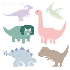 four different types of dinosaurs in pastel colors