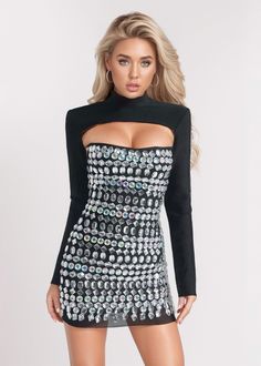 This Crystal Embroidered Lace-Up Back Bodycon Dress & Top is the perfect party outfit. With its elegant long sleeve design and intricate crystal embroidery, it exudes sophistication. The mini strapless dress is both stylish and comfortable, making it a must-have for any occasion. Fabric: Slight Stretch Material: Polyester Fiber Mini Strapless Dress, Crystal Embroidery, Long Sleeve Design, Dress Top, Perfect Party, Embroidered Lace, Top Dress, Sleeve Designs, Embroidered Dress