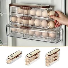 the refrigerator door is open with eggs in it and one egg has been placed inside