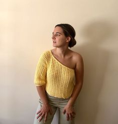 Oversized Crochet Knit Tops, Oversized Crochet Sweater For Summer, Casual Yellow Crochet Sweater, Chic Crochet Sweater For Summer, Knitted Off-shoulder Sweater For Spring, Spring Knitted Off-shoulder Sweater, Spring Off-shoulder Knitted Sweater, Hand Knitted Yellow Sweater For Spring, Spring Yellow Hand Knitted Sweater