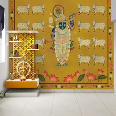 the wall is decorated with an image of hindu deities and sheeps on yellow background