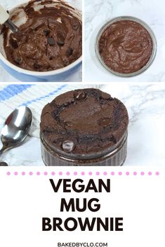 vegan mug brownie in a glass bowl with spoons next to it and text overlay that reads vegan mug brownie