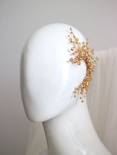 Gold ear cuff made of crusted crystals and pearl beads by PEONY LOVER Elegant Gold Ear Climbers For Wedding, Gold Ear Climbers For Party, Gold Single Earring Ear Cuff For Wedding, Gold Solitaire Ear Cuff For Wedding, Elegant Wedding Ear Cuff With Pearl Drop, Delicate Single Ear Cuff For Wedding, Crystal Garter, Wedding Mermaid, Pearl Ear Cuff