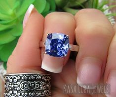 Blue Cushion CZ Tanzanite colored Cubic Zirconia SOLID sterling stamped 925 silver Tarnish free size Photo Ring, Tanzanite Ring, Blue Cushions, Silver Prices, Multi Stone Ring, Multi Stone, Cushion Cut, Statement Ring, Solid 925 Sterling Silver