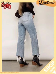 Women Vintage High Waist Ripped Straight Denim Pants Fall Mid-rise Jeans With Frayed Hem, Fall Denim Blue Bottoms With Frayed Hem, Straight Leg Pants With Frayed Hem For Fall, Edgy Mid-rise Flare Jeans With Frayed Hem, Ripped Light Wash Cropped Jeans For Fall, High Rise Pants With Frayed Hem For Fall, Straight Leg Bottoms With Frayed Hem For Fall, Fall Denim Blue Cutoff Jeans, Fall Dark Wash Bottoms With Frayed Hem