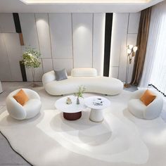 a living room with white couches and round coffee table in the center, along with two lamps on either side of the wall