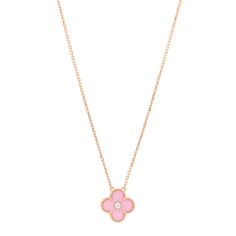 This is an authentic VAN CLEEF & ARPELS 18K Rose Gold Diamond Pink Porcelain Vintage Alhambra Pendant Necklace. The necklace is crafted of 18 karat rose gold and features the signature Alhambra clover motif set withpink porcelain and a single round brilliant cut diamond, approximately .05 carat. Pink Van Cleef Necklace, Van Cleef And Arpels Jewelry Necklace, Pink Van Cleef, Van Cleef Alhambra Necklace, Jewelry Van Cleef, Vintage Alhambra Pendant, Van Cleef Necklace, Alhambra Necklace, Alhambra Pendant