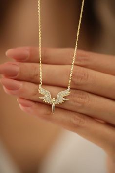 925 Sterling Silver Necklace plated with 14K gold. Angel Model, Angel Necklace, Fairy Necklace, Angel Pendant, Archangel Michael, Protection Necklace, Emerald Pendant, Christmas Gift For Her