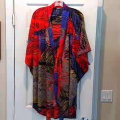 Multi Color Cover-Up With Connected Tie And Wide Boho Sleeves, Very Flowy And Classy,Looks Like Vintage Chanel Fits Any Size Casual Red V-neck Kimono, Red V-neck Summer Outerwear, Casual Red Open Front Kimono, Multicolor Open Front Top For Fall, Multicolor Oversized V-neck Outerwear, Oversized Multicolor V-neck Outerwear, Red Summer Outerwear With Kimono Sleeves, Red One-size Kimono For Fall, One Size Red Kimono For Fall