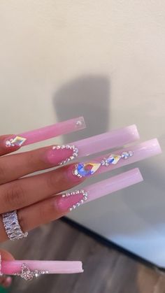 French Tip Acrylic Nails With Bling, Xl Tapered Square Acrylic Nails, Barbie Pink Acrylic Nails Bling, Pink Dope Nails, Simple Xxl Acrylic Nails, Pink Exotic Nails, Pink Nail Sets Long, June Birthday Nails, Long Acrylic Nails With Rhinestones