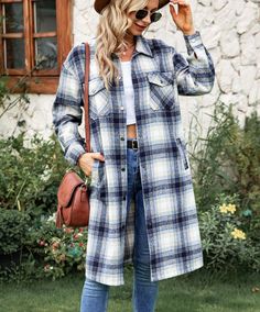 Women's Plaid Shacket INS Style Woolen Plaid Print Long Sleeve Jacket Long-Length Check Shacket Plaid Single Breasted Shacket For Fall, Plaid Single-breasted Shacket For Fall, Trendy Long Outerwear With Pockets, Cold Weather Button-up Shacket With Pockets, Plaid Outerwear For Spring, Plaid Winter Outerwear With Buttoned Pockets, Plaid Outerwear For Cold Spring Weather, Plaid Long Sleeve Outerwear With Button Closure, Button-up Outerwear For Cold Weather In Fall