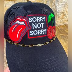 Handmade Trucker Hats Are A Huge Trend This Year! I Made Some With So Many Different Styles Take A Look At My Closet And Message Or Comment If You Have Any Questions Or Requests. New Sorry Not Sorry Patch Black Trucker Snap Back Adjustable Hat Cap Cherries Sequin Patch, Black Roses And Mouth Patch With Fashion Gold Chain Trucker Hat This Is One Of My Favorites I Have Made, Love The Vibe! Decorated Hats, Custom Fitted Hats, Rose Patch, Twenty Twenty, Custom Trucker Hats, Sequin Patch, Black Roses, Hat Patches, Sorry Not Sorry