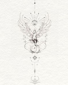 a drawing of a bird with wings on it's back and an ornate design in the middle