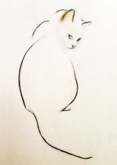 a drawing of a white cat with yellow eyes