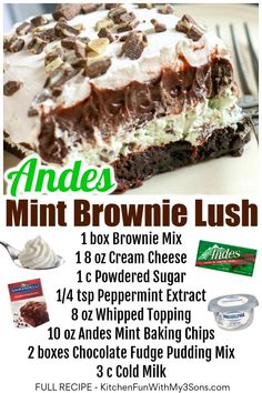 an advertisement for brownie lush with chocolate and cream toppings on the side, including ice cream