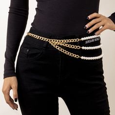 Give looks an exciting finishing touch with this waist chain showcasing light-catching imitation pearl detailing for elegant style. 30'' L with 12'' extender Lobster claw clasp Goldtone copper / imitation pearl Chain Clothes, Pant Chains, High Neck Sweater, Belly Chain, Waist Chain, Street Outfit, Metal Style, Gold Fashion, Multi Layering