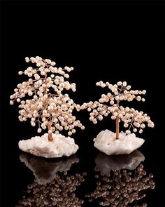 two small white trees sitting on top of a black table next to eachother