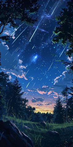 the night sky with stars and trees