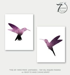 two watercolor hummingbirds flying in the sky, one is purple and the other is white